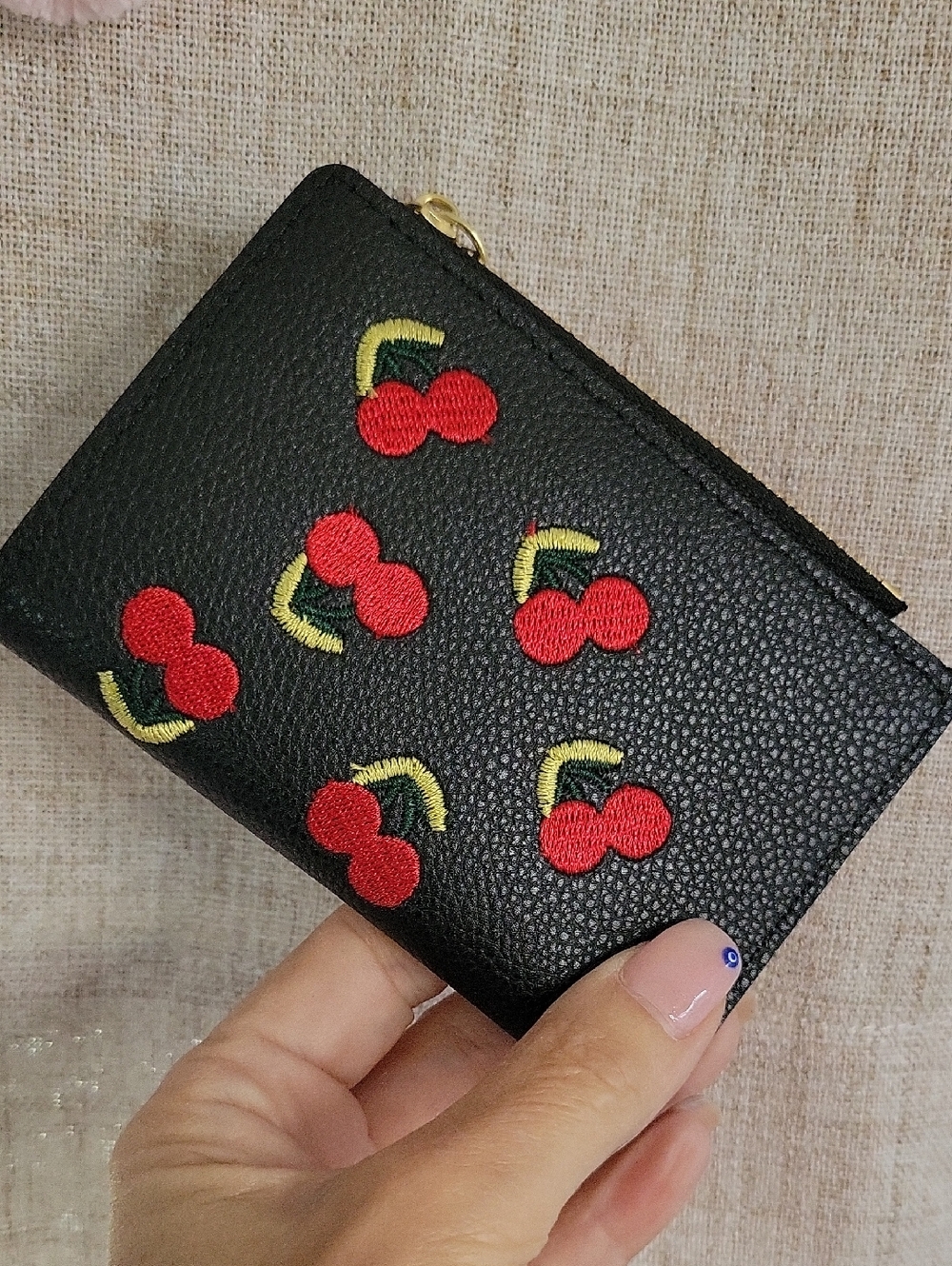 Black Cherry Embroidered Compact Wallet - Women Bags